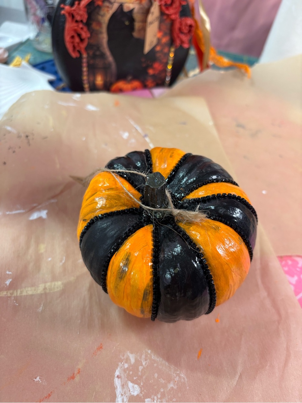 Hand-Painted Orange and Black Decorative Pumpkin - Home Party Supplies